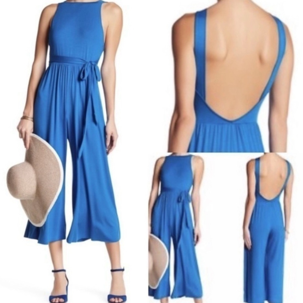 Rachel Pally Doutzen Jumpsuit Cropped Blue Knit Backless Wide Leg Sleeveless M